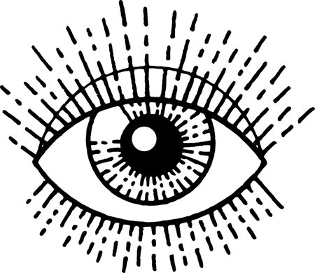 engraved eye. Psychedelic victorian. Trippy nazar goddess eye illustration. Hippy 70s symbol. Tattoo doodle boho, mystic evil sketch. Background logo, geometry illuminati. God sacred astrology occultのイラスト素材
