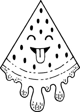 watermelon cartoon character. sticker fruit face. Retro funny trendy smile. Hippy groovy 70s sign. Doodle hippie food. Cute 60s trippy watermelon. Vintage drip kid vector. Child kawaii baby patch iconのイラスト素材