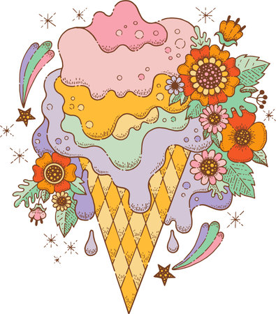 Groovy ice cream in cone with flowers. Retro psychedelic summer sticker. Cute sundae with floral bouquet. Ice cream drawing in vintage hippie style, vector hand drawn illustration. sweet food stickerのイラスト素材