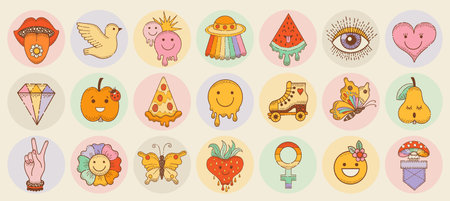 Hippie stickers. Groovy icons with peace sign, flower, mushroom, smile, ufo. Retro boho 70s clipart. Doodle emoji graphic. Hippy element. Funky logo, tattoo, music cute psychedelic vector. Groovy artのイラスト素材