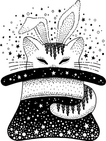 Magic trick with illusionist hat and cat with rabbit ears. Magician show in circus, funny focus with cute animal in black wizard cylinder, vector hand drawn illustrationのイラスト素材