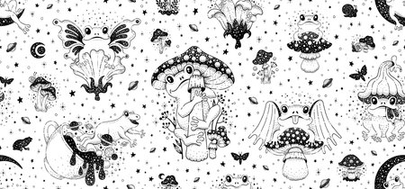 Trippy frog pattern. Psychedelic doodle frog toad background. 60s cartoon seamless pattern. Cute child character. Abstract crazy cute frogs on mushroom, flower, moon, wing. Vintage celestial drawingのイラスト素材