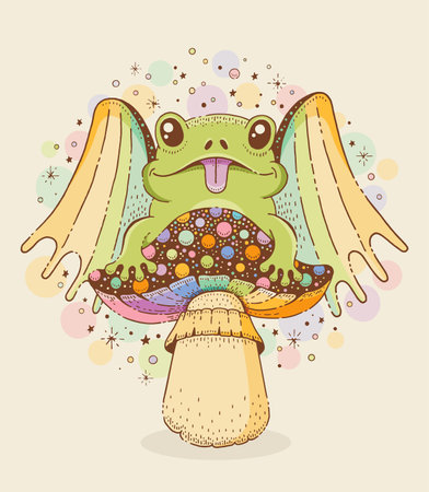 Frog with bat wings sit on mushroom. Vintage Halloween sketch with demon. Watercolor tattoo art with cute toad. Magic animal on rainbow amanita, vector hand drawn illustration. Trippy hippy style frogのイラスト素材