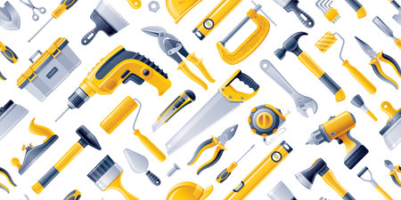 Construction tools seamless pattern. Hammer saw drill pliers background. Hardware, carpentry, repair and mechanic work toolbox pattern. Builder, plumber, handyman equipment. Construction tool seamlessのイラスト素材