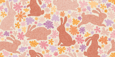 Easter background with rabbits and flowers. Chinese new year seamless pattern with bunnies. Easter floral background with rabbit silhouettes in y2k style with watercolor texture, vector illustrationのイラスト素材