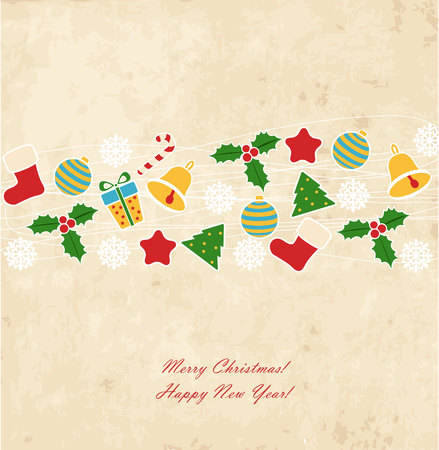 Vintage Christmas card with gift, bell, stars, ball.のイラスト素材