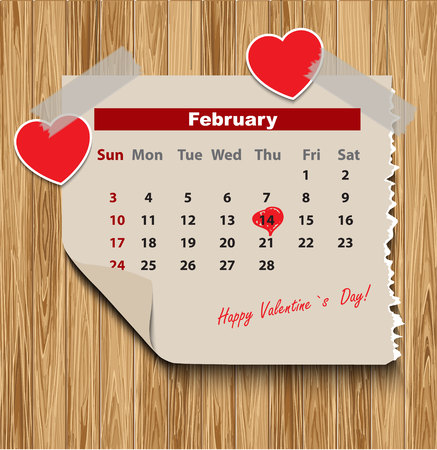 Valentines day in calendar on wood backgroundのイラスト素材