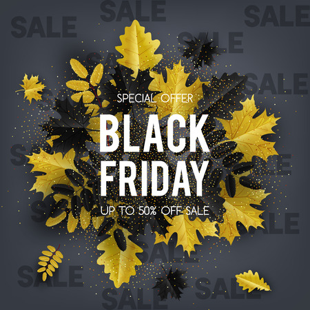 Autumn leaves gold and black with text Black Friday. Vector illustration.のイラスト素材