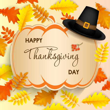 Happy Thanksgiving Card with pumpkin on autumn leavesのイラスト素材
