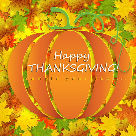 Happy Thanksgiving Card with pumpkin with autumn leavesの写真素材