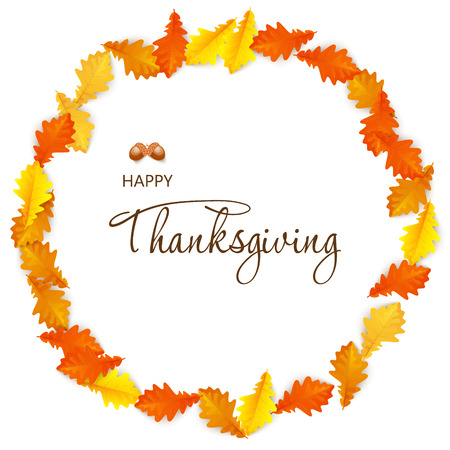 Greeting card happy Thanksgiving day with autumn maple leavesの写真素材