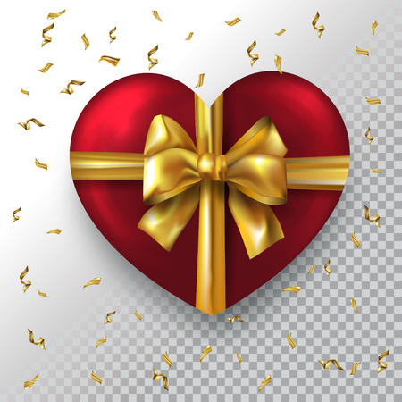 Red Valentines day heart with gold bow and golden confettiのイラスト素材