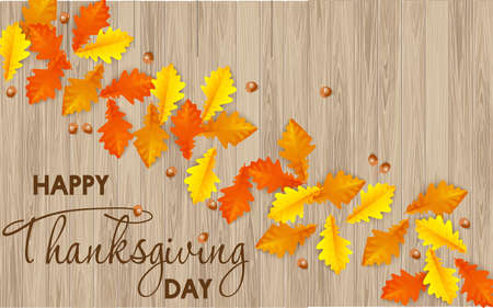 Greeting card happy Thanksgiving day with autumn maple leaveson wood backgroundのイラスト素材