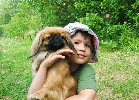 eight years old boy with a dog Pekingese summer countrysideの写真素材