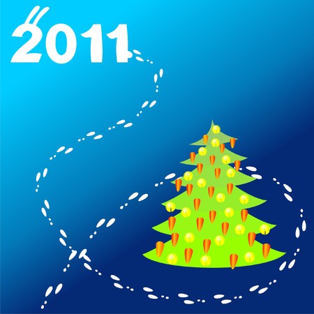 Image of the Christmas tree with toys, the date of the new year, and rabbit tracks around the Christmas treeのイラスト素材