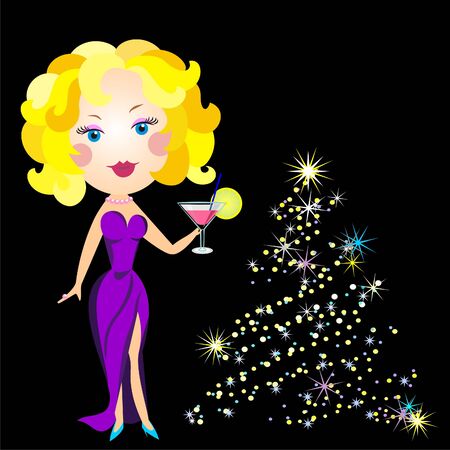 beautiful blonde dressed in a lavender dress drink martinis about decorating Christmas treeのイラスト素材