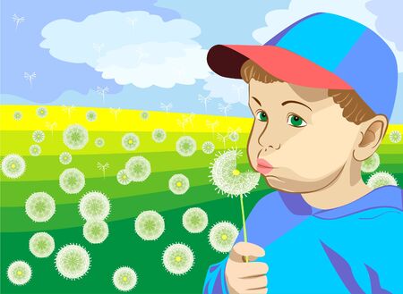 little boy in a blue cap and blue jacket, blowing on a dandelion in the summer on a green meadowのイラスト素材