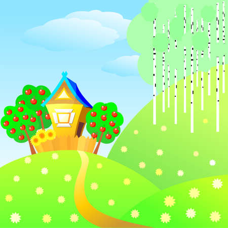 vector country cottage next to a birch grove in the summer, drawingのイラスト素材