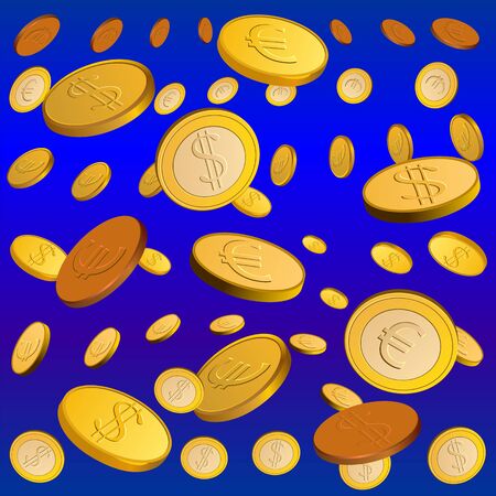 rain of gold coins on a blue backgroundのイラスト素材