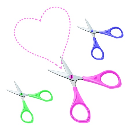 stationery short scissors with pink, blue and green plastic handle cut out the contour of the heartのイラスト素材
