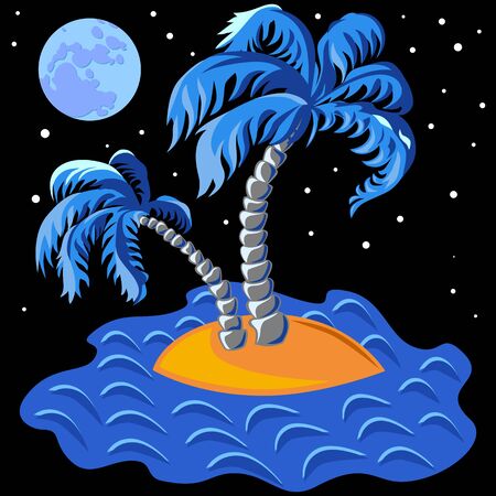 tropical landscape of the island in the ocean and two palm trees at midnightのイラスト素材