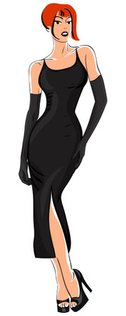 beautiful young girl in a little black dress isolated on white backgroundのイラスト素材
