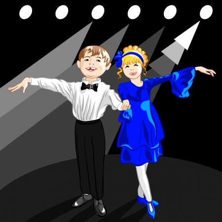 little boy and girl dressed in clothes stand on a stage in the spotlight and smileのイラスト素材