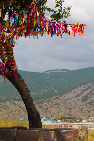 Wish tree against the background of the Crimean mountains