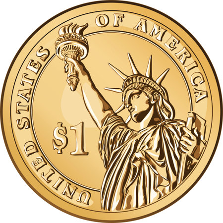 American money, one dollar coin with the image of the Statue of Libertyのイラスト素材