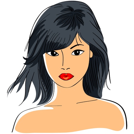 Color Close Up Sketch Of A Beautiful Young Asian Girl With