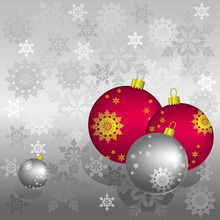 silver background with Christmas silver, gold and red balls and snowflakesのイラスト素材