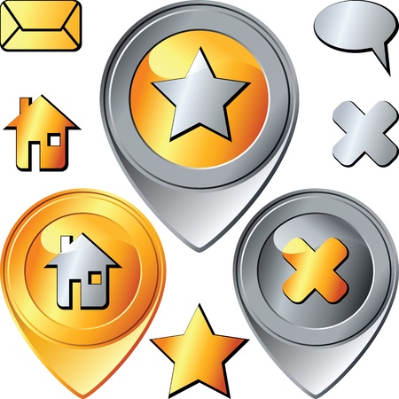 a set of silver and gold pins pointers with different symbols: a cross, star, house, letter, message, isolated on white backgroundのイラスト素材