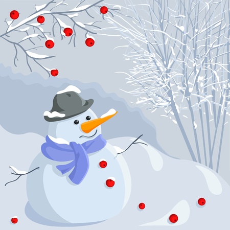 funny snowman in a hat and scarf on the background of a winter forest under a branch of mountain ash, in pastel shades of blue with bright red accentsのイラスト素材