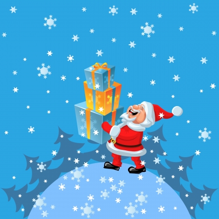 funny cartoon Santa Claus comes around the globe with gifts in handのイラスト素材