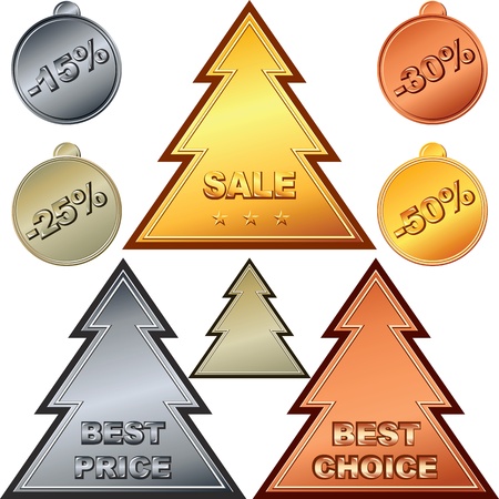 Christmas Set of gold, silver, bronze money coin, price tags and sale signs.のイラスト素材