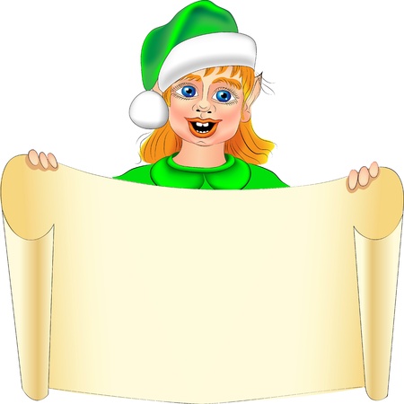 funny cartoon Christmas Elf with a scroll in his handのイラスト素材