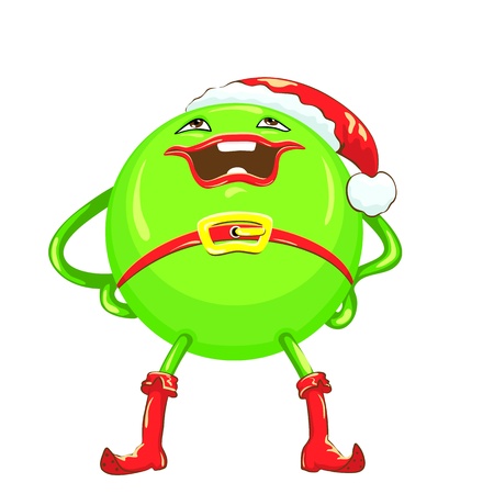 green ball in a red Christmas hat and boots with a smile stands legs apart and hands on hips, isolated on white backgroundのイラスト素材