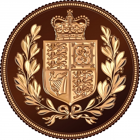 British money gold coin Sovereign with a crown, coat of arms, with a laurel wreath, isolated on white backgroundのイラスト素材