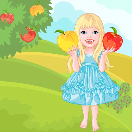 vector Pretty babe beautiful blonde with long hair in a blue dress barefoot in the summer and apples in their handsのイラスト素材