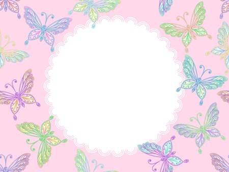 elegant floral seamless pink lacy pattern with colorful butterflies and frameのイラスト素材