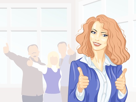 Beautiful young business woman with colleagues with thumbs up at the office smilingのイラスト素材