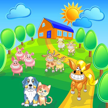 cartoon happy farm animals and pets smile on the summer field front of house.のイラスト素材