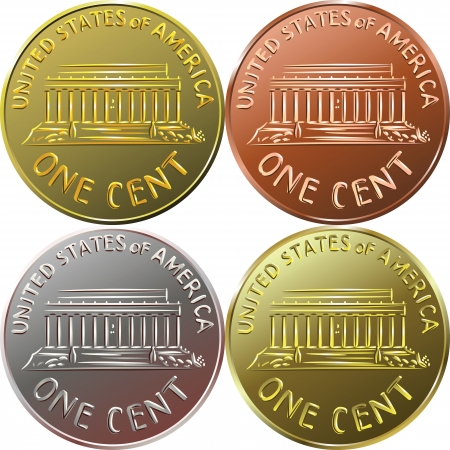 American gold money, one cent coin with the image of the Lincoln Memorial, four color optionsのイラスト素材