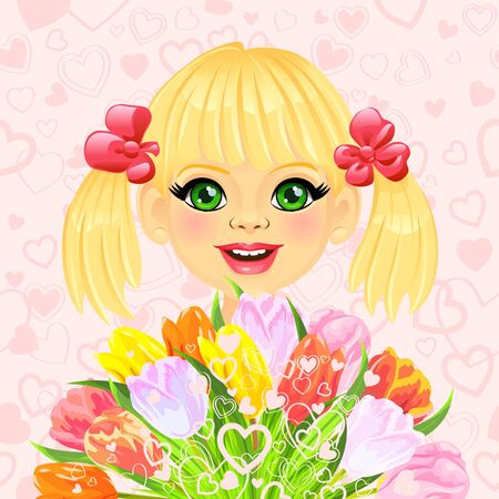 pink valentine card with a beautiful little girl with a big bouquet of flowers tulips on the background of heartsのイラスト素材