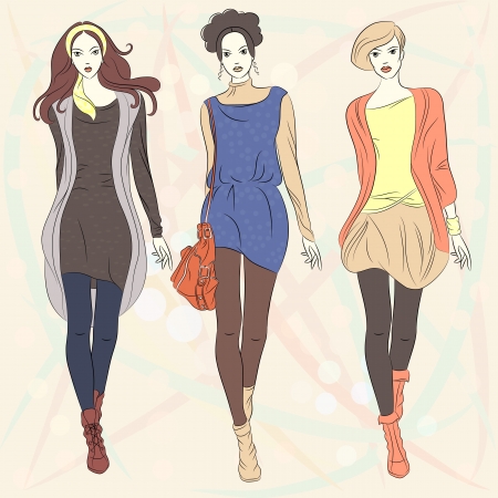 set beautiful fashion girls top models in autumn and spring dresses のイラスト素材