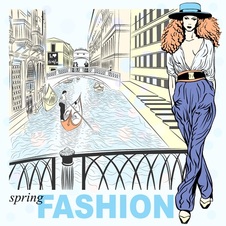 Lovely spring fashion girl in sketch-style on a Venice backgroundのイラスト素材