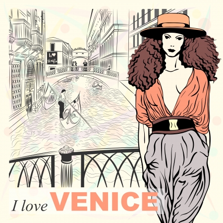 Lovely fashion girl in orange hat in sketch-style on a Venice background のイラスト素材