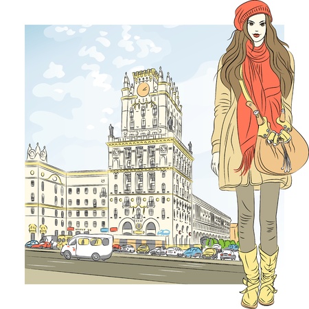 Vector sketch of a stylish girl with long hair in a coat, boots, hat, scarf and bag in the city-centerのイラスト素材