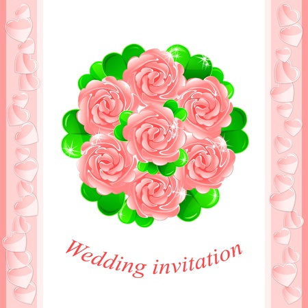 Vector wedding invitation with a pretty bridal bouquet of pink rosesのイラスト素材