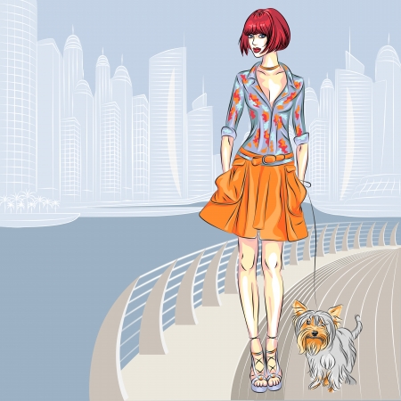 Vector beautiful fashion girls top models with dog Yorkshire Terrier breed walks along the waterfront of the modern cityのイラスト素材
